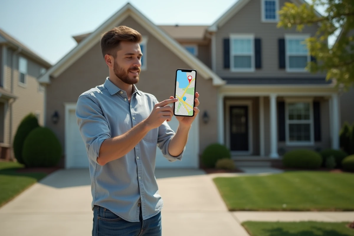 Jeune homme utilisant son smartphone devant une maison