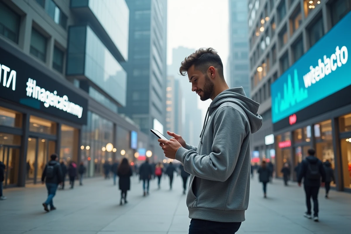Jeune homme regardant des graphiques dans une place urbaine moderne