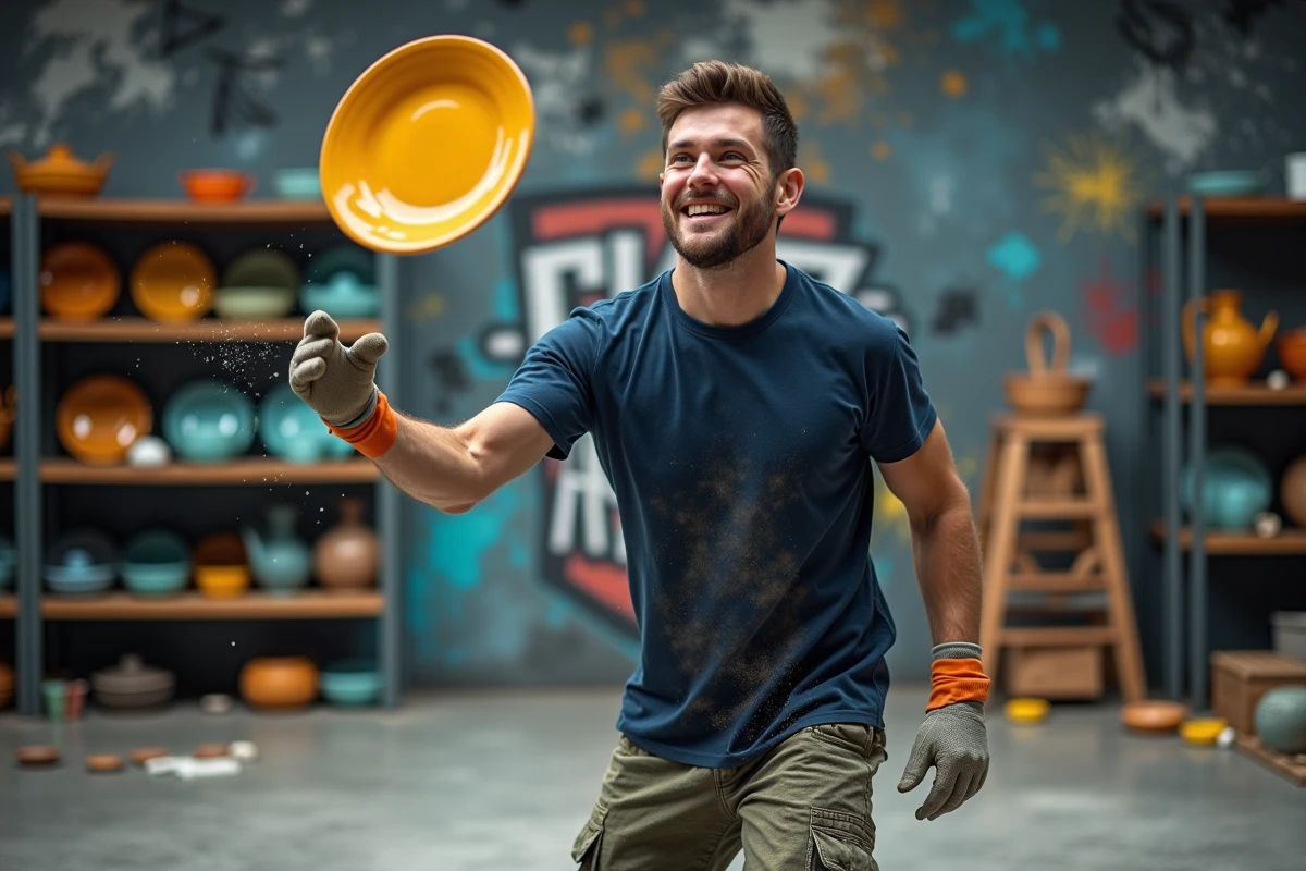 Jeune homme en t-shirt navy lance un plateau en céramique