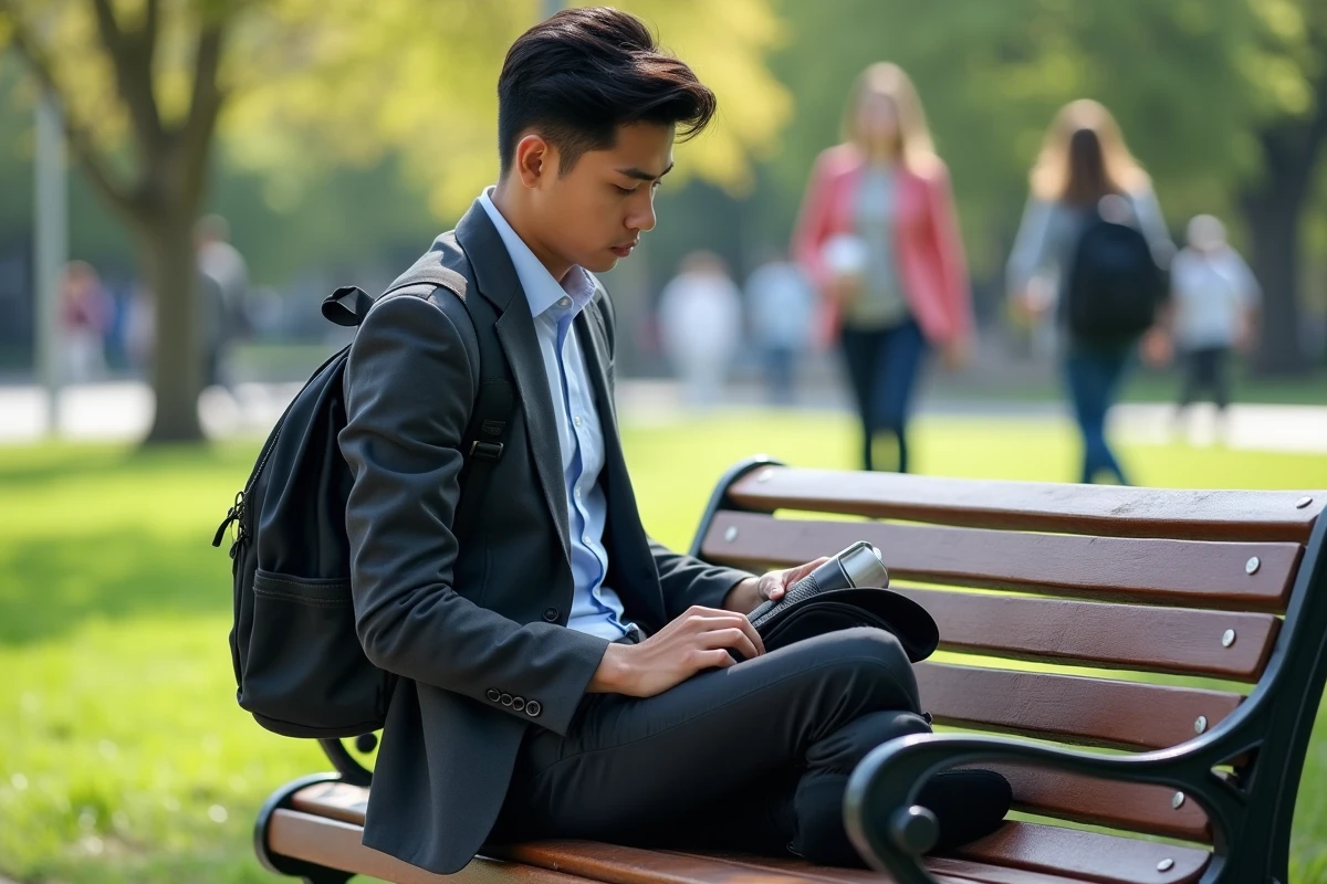 Jeune homme organisant son sac dans un parc urbain