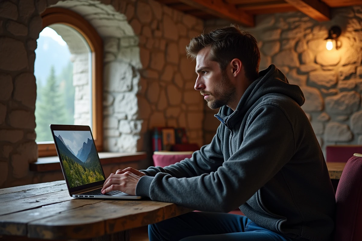 Jeune homme regardant la webcam du Pilat dans une salle rustique