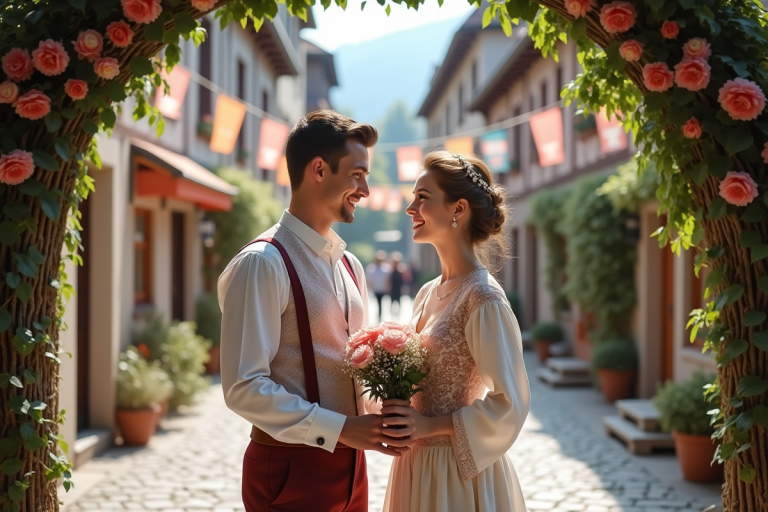 Jeune mariée et groom souriants en tenue traditionnelle sous arche florale