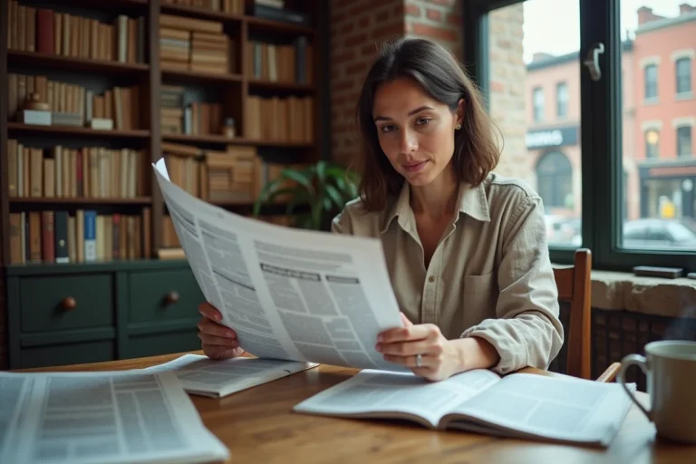 Journaliste indépendante lisant un journal papier dans une salle de rédaction authentique avec murs en briques
