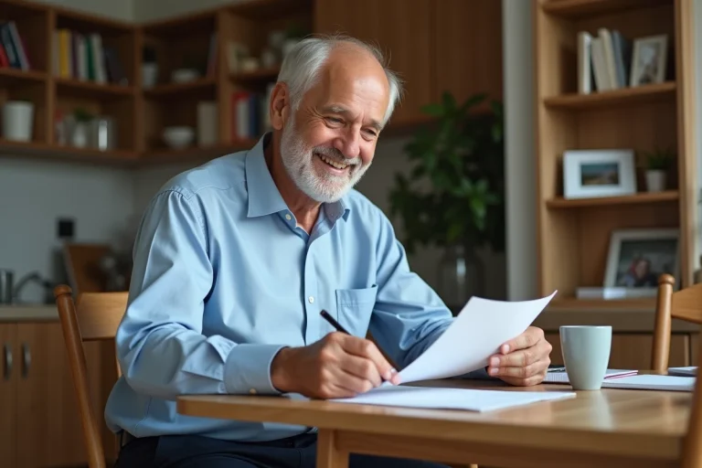 Journaliste d age moyen souriant en intérieur avec notes manuscrites