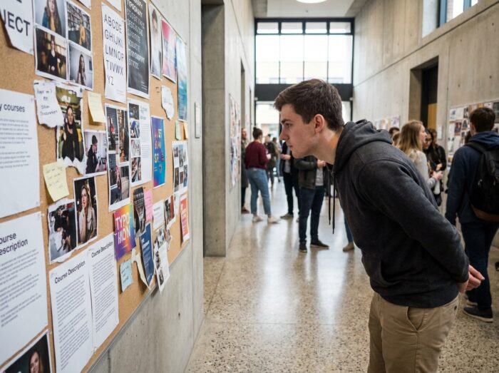 Étudiant découvrant les formations artistiques lors d'une journée portes ouvertes d'école créative