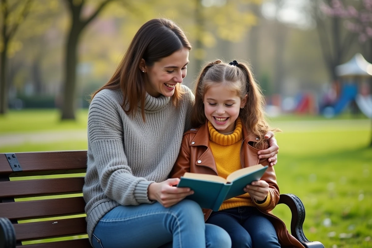 Mère et fille riant en lisant dans un parc en ville