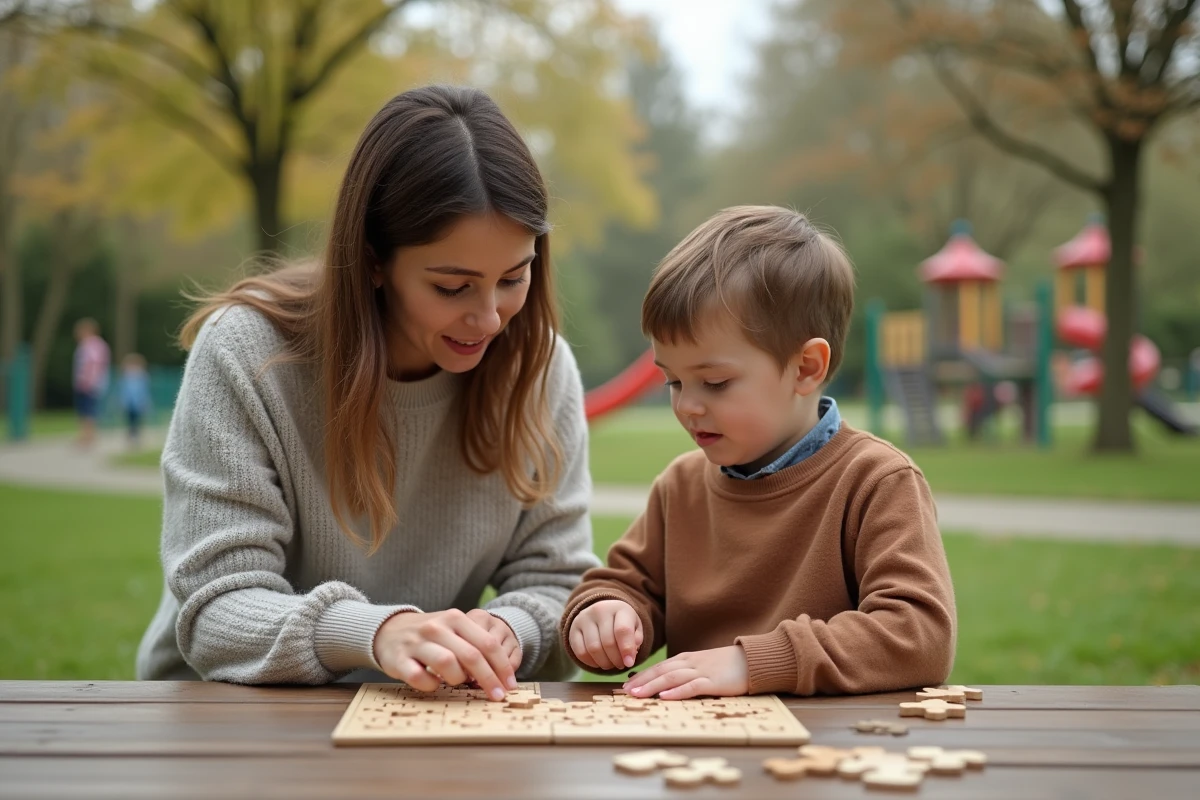 Maman aidant son fils à assembler un puzzle en plein air