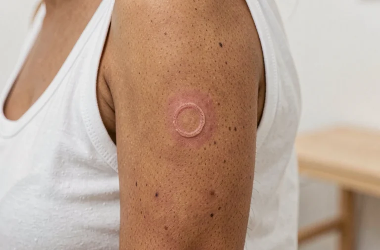 Marque caractéristique du vaccin BCG sur le bras d'une femme adulte, cicatrice ronde et légèrement surélevée visible sur la peau