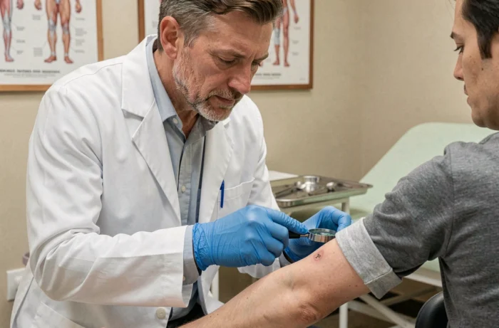 Médecin examinant la cicatrice du vaccin BCG sur le bras d'un patient lors d'une consultation médicale