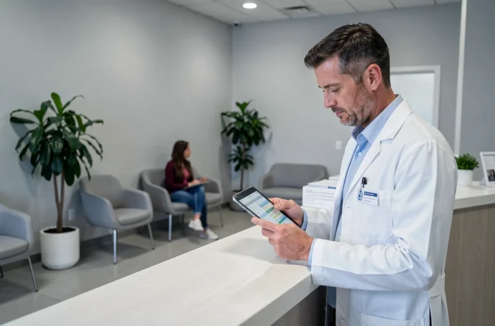 Médecin généraliste consultant son planning dans une salle d'attente de cabinet médical moderne