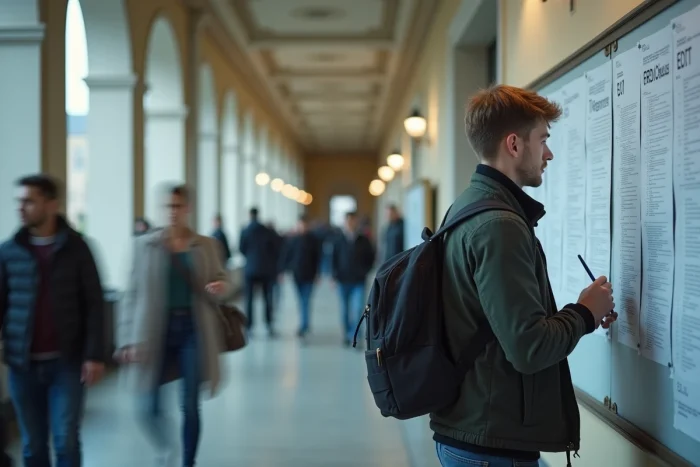 Étudiant allemand consultant les listes de résultats du Numerus Clausus dans le couloir d'une faculté de médecine allemande