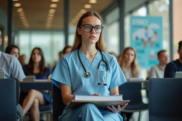 Candidate à une école de médecine australienne attendant son entretien d'admission dans un bureau universitaire moderne à Sydney