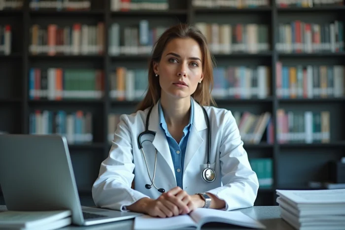 Étudiante en médecine américaine entourée de guides d'examen USMLE et de calculateurs de prêts étudiants dans une bibliothèque médicale