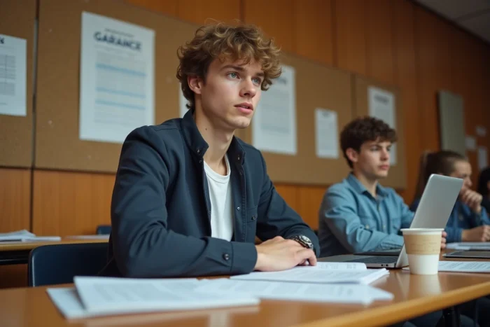 Étudiant en médecine français révisant ses QCM dans un amphithéâtre universitaire avec ses polycopiés de PASS