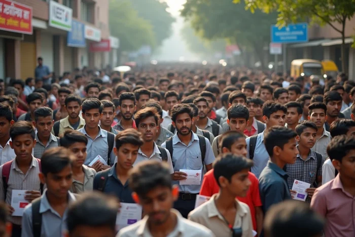 Foule de jeunes candidats indiens devant un centre d'examen du NEET à New Delhi pour l'entrée en médecine