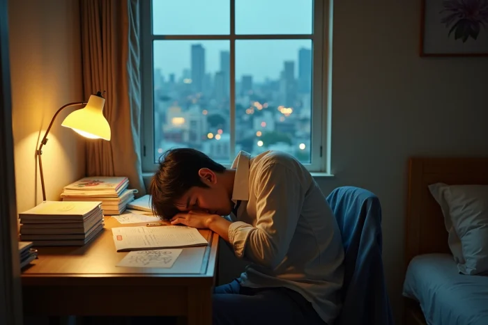 Étudiant en médecine japonais épuisé sur son bureau chargé de manuels médicaux en japonais dans un dortoir de Tokyo