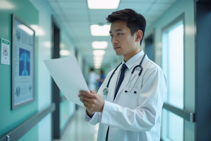 Étudiant en médecine singapourien en blouse blanche dans un couloir hospitalier moderne et ultra-performant de Singapour