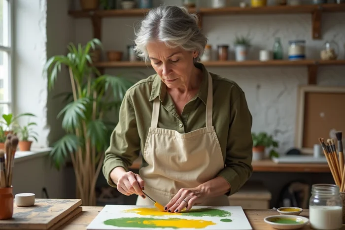 Artiste mélangeant de la peinture jaune et verte sur une palette en céramique dans un atelier d'artiste