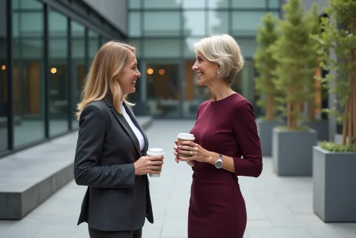 Deux femmes professionnelles en conversation de mentorat en extérieur sur un campus d'entreprise, représentant la solidarité féminine et la transmission au travail