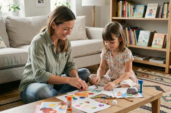 Mère et fille faisant un projet créatif ensemble dans le salon, activité manuelle et complicité familiale au quotidien