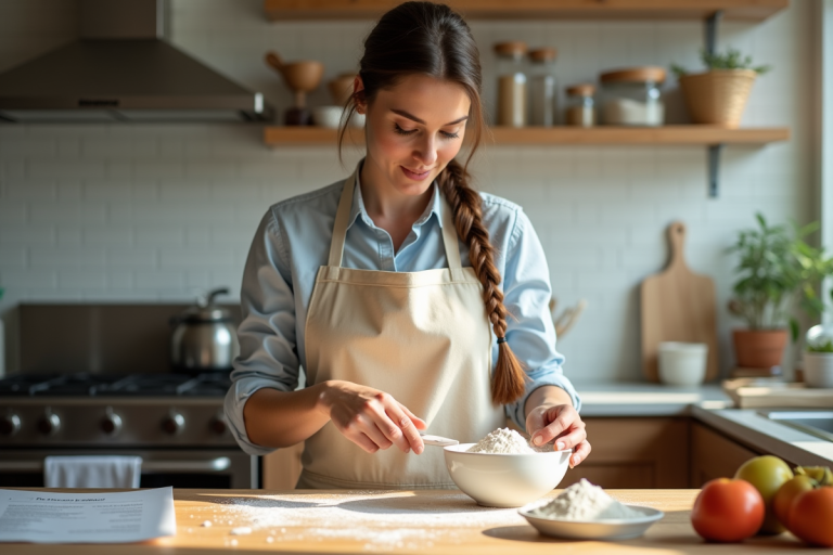 Femme en cuisine mesurant de la farine dans un bol