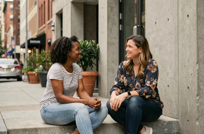 Deux femmes aux origines culturelles différentes en conversation sur les marches d'un centre culturel urbain, illustrant la mixité et la curiosité identitaire