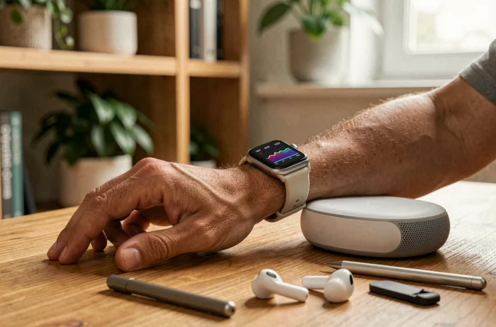 Gros plan sur une montre connectée et des accessoires high-tech posés sur un bureau en bois dans un espace de travail moderne