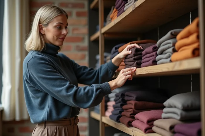 Femme arrangeant des vêtements aux couleurs automnales dans une boutique de mode, palette bleu ardoise, prune, taupe et brun chocolat automne-hiver 2025