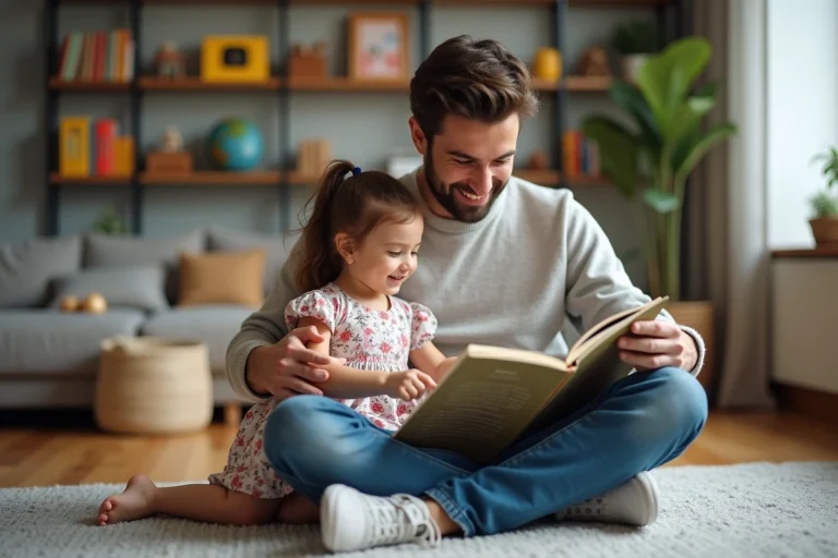 Père lisant un livre avec sa fille dans un salon chaleureux