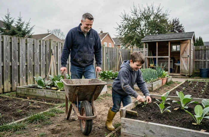 Père et fils jardinent ensemble dans un potager familial, moment de partage et d'apprentissage en plein air