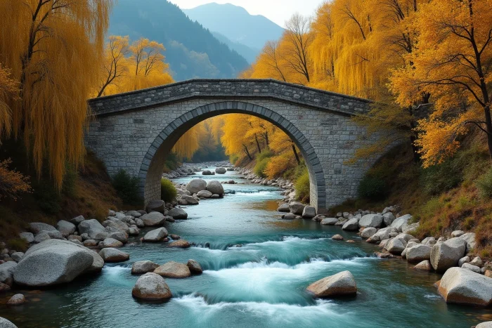 Pont médiéval en pierre enjambant une rivière turquoise le long de la route N260 près d'Ainsa en Espagne