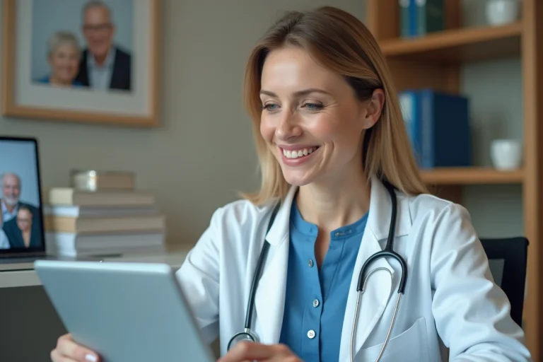 Professionnelle de santé en visioconference avec un couple de seniors