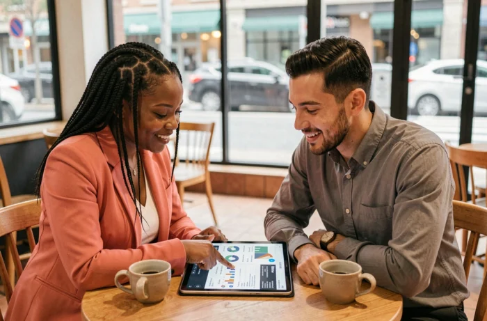 Deux professionnels explorant ensemble un tableau de bord numérique avancé sur une tablette dans un café