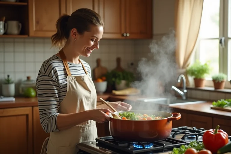 Femme préparant une soupe de légumes dans une cuisine familiale chaleureuse avec tablier en lin