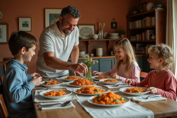 Famille réunie autour d'un repas de pâtes maison partagé à table dans une salle à manger conviviale