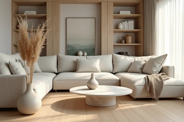 Salon scandinave moderne avec canapé en lin, table basse en travertin et décoration végétale tendance