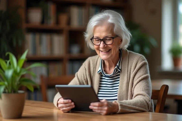 Femme senior souriante lisant une tablette à la maison