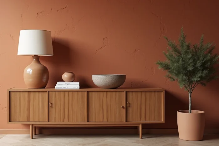 Vignette décorative tendance avec buffet en bois, céramiques artisanales et plante sur mur en plâtre terracotta