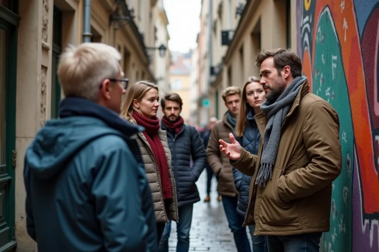 Groupe d'adultes et adolescents lors d'une visite guidée dans une ruelle colorée de Rennes