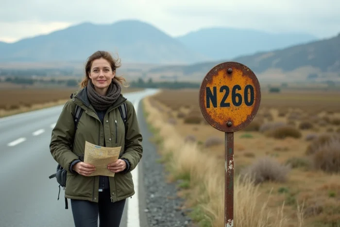 Voyageuse consultant une carte routière au bord de la N260 avec un village espagnol en arrière-plan