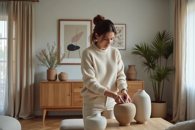 Femme élégante arrangeant des vases en céramique dans un salon
